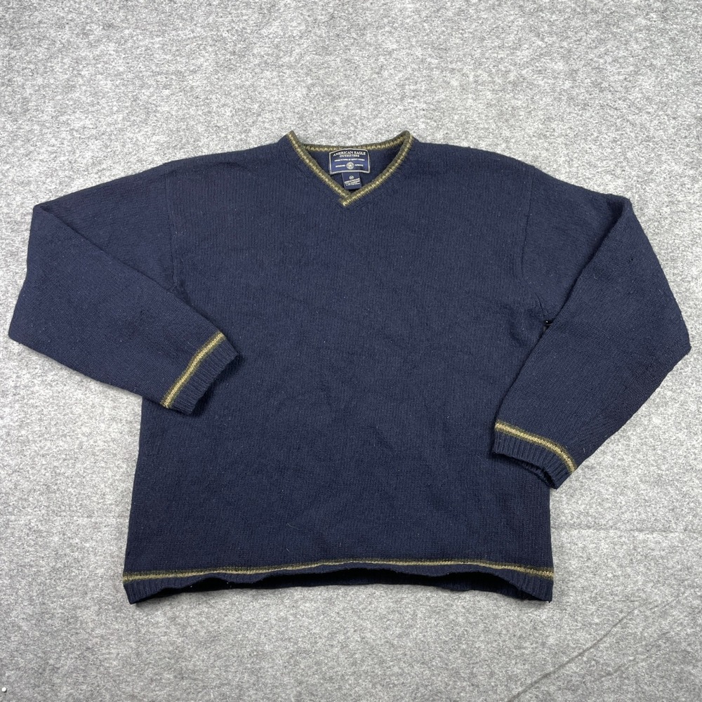 American Eagle Sweater Mens M Navy Lambswool V-Neck Striped Trim Long Sleeve